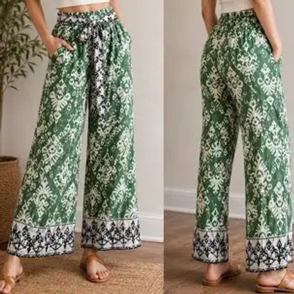 Haute Hippie Pants - Haute Hippie Style Green Ikat Wide Leg Boho‎ Pants Plus Size 2X Elastic Waist